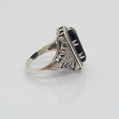 Art Deco Sapphire Ring Silver Vintage Filigree Blue Emerald Statement Jewelry