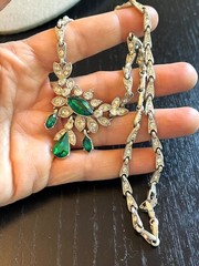 Beautiful Antique Vintage ORA 1930’s Necklace Earrings Emerald Rhinestones