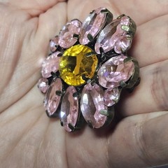 Gold Tone Pink And Yellow Flower Rhinestone Brooch