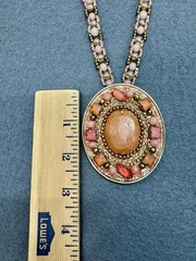 Vintage Chicos Statement Necklace Large Pink Peach Rhinestone Pendant Beaded