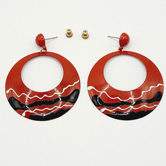 Large Metal Hoop Red Black White Enamel Hand Painted Pierced Vintage Earrings