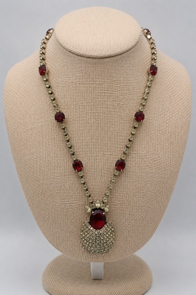 Vintage Kramer NY Red Rhinestone Statement Necklace Hollywood Regency Signed MCM
