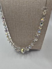 Long VTG clear round faceted aurora borealis beads on silver tone chain 30 in.