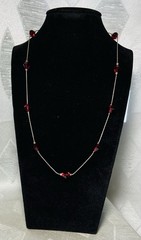 Vintage Sterling Silver 925 Ruby Red Acrylic Beaded Station Necklace Elegant 18”