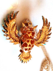 RHINESTONE OWL NECKLACE!Blue Enamel Bird Pendant.Aqua & Clear Crystals.Gold Tone