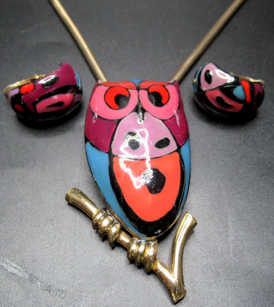 EISENBERG Vibrant Enamel Owl Vintage Necklace Earring Set