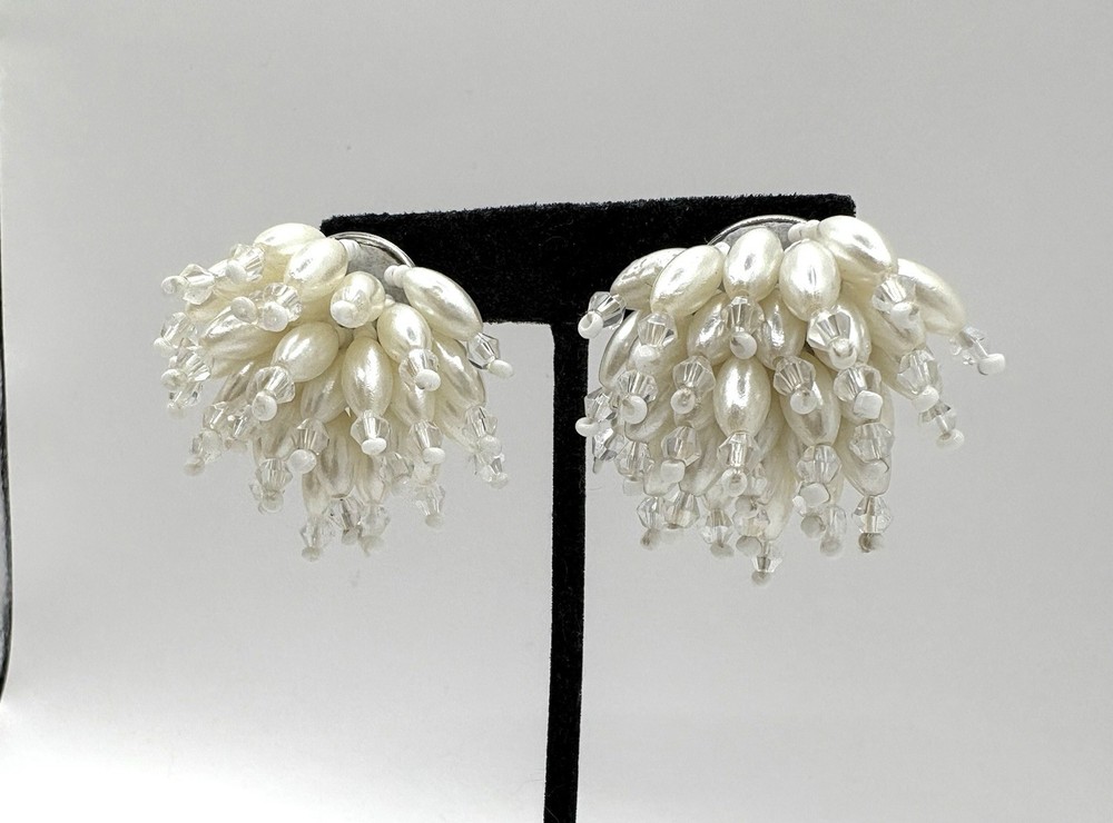 White Cluster Cascading Crystal & Faux Pearl VTG Pierced Stud Earrings