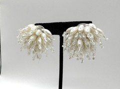 White Cluster Cascading Crystal & Faux Pearl VTG Pierced Stud Earrings