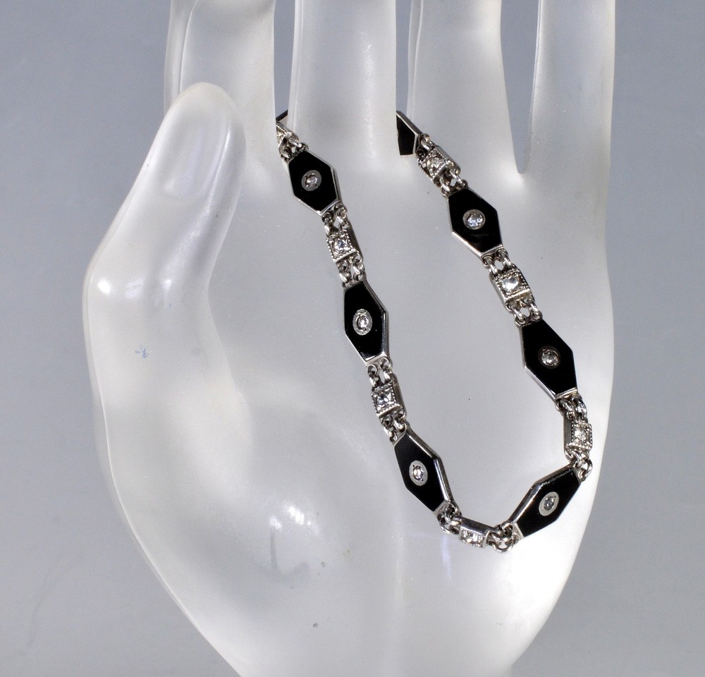 ANTIQUE ART DECO BLACK ENAMEL PASTE STERLING BRACELET C.1920