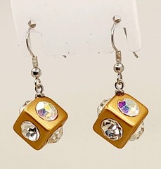 gold tone metal Acrylic clear Rhinestone drop dangle Dice shape Pierced Earrings