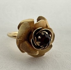 Vtg Sarah Coventry Red Rhinestone 3D Rose Gold Flower Necklace Ring Sz 6 adj.
