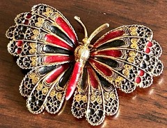 Vtg Butterfly Mode-Art (Arthur Pepper) Brooch Pin Gold With Red & Black Enamel