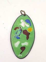 Vintage Pendant Oval Enamel on Copper Multicolor Green White Maroon Blue Yellow