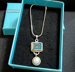 Vintage Silver 925 Genuine Sky Blue Topaz Drop Pearl Pendant Italy 16″ Chain