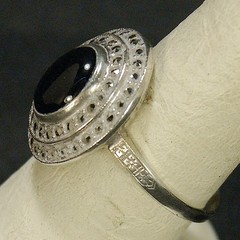 Vintage Sterling Ring-Onyx and Marcasite-7 ½. Marked Sterling BB (Bennett & Brad