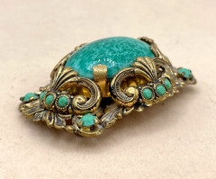 VTG W. Germany Ornate Peking Glass Filigree Shell motifs Brooch C-clasp Art Deco