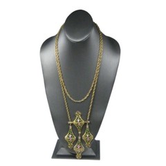 Enamel Floral Dangle Pendant Necklace 21 in Goldtone Multi Strand Chain Vintage
