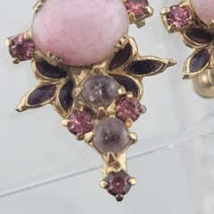 Victorian Pink Molded Glass Gripoix Cabochon Purple Enamel Screw Earrings 1 1/8″