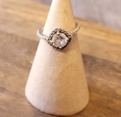 Vtg Gold Tone Engagement Ring, Clear Stone Halo Setting Pave Band, Size 4.25