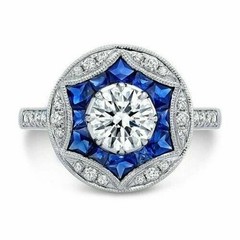 Art Deco Style Lab Created Diamond & Sapphire Anniversary 14K White Gold FN Ring