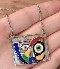 Artist Signed Anthony Quinn Modernist “Child” Enamel Sterling Silver Necklace