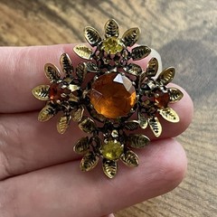 Vintage Austrian Rhinestone Brooch Autumn Orange Yellow Gold Tone Floral Pin