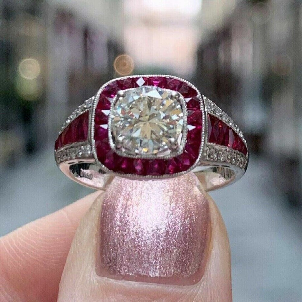 3.00 CT White Round Cut CZ & Pink Art Deco Vintage Style Wedding 925 Silver Ring