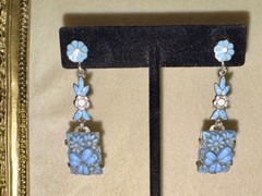Art Deco Enamel Sky Blue Enamel Celluloid Daisies Clover Czech Vtg Drop Earrings