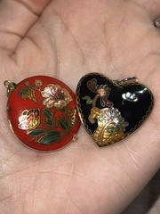 Lot of 2 Vintage Cloisonne Enamel Pendants Heart & Floral Charm Chinese