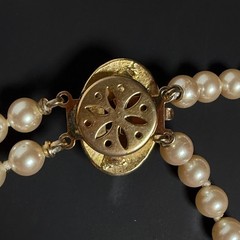 Vintage Double Strand Faux Pearl Choker Necklace Teardrop Clasp 15.5″ Gold Tone