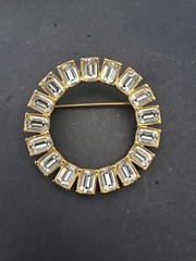 Vintage Signed MONET Clear Baguette Rhinestone Gold Tone Wreath Brooch Pin