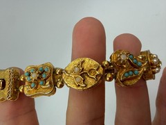 Vintage Bracelet Victorian Slide Charm Blue Bead Goldtone 6.5 inches