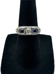 Antique Art Deco 18K White Gold Old Cut Diamond & Blue Sapphire Ring Size 4.5