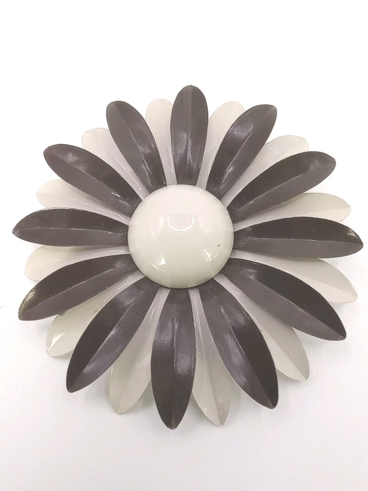 Vintage Enamel Daisy Flower Brooch Cream Brown Mod Mid Century Lg 3 in D