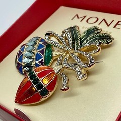 Monet Christmas Ornament & Pine Brooch Pin Enamel & Pave Rhinestones NEW in Box