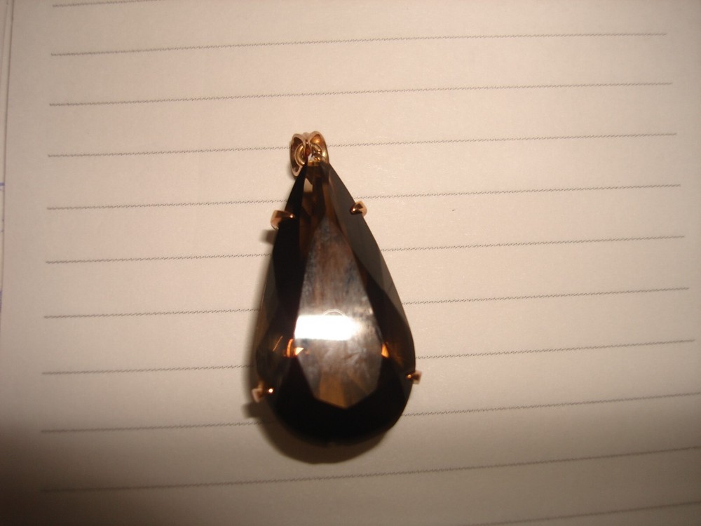 Vintage Nice 14 Kt Solid Yellow Gold Huge Pear Smokey Quartz Pendant Necklace