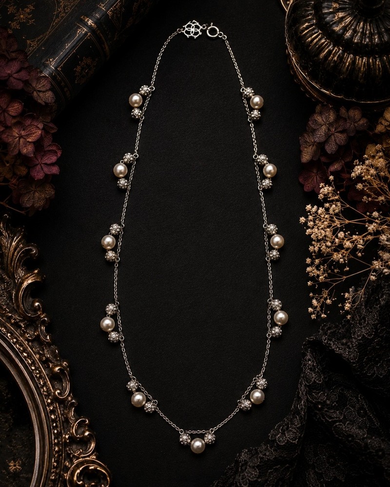 Ann Taylor Silver Tone Faux Pearl & Crystal Station Necklace 32″ Long