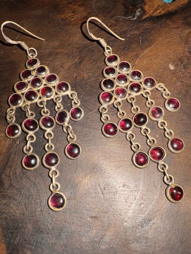 Vintage .925 Sterling Silver Grape Cluster Style Dangle Earrings Genuine Garnets