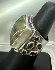 VTG NATURAL PREHNITE 925 STERLING SILVER HANDMADE RING SURROUNDED BY OTHER GEMS