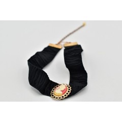 Vintage Cameo Choker Necklace Pendant Black Ribbon Fabric Gold NOS 1990s A23