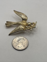 Vintage Signed Marvella Bird Textured Gold Tone Blue Rhinestone Eyes Pin Brooch