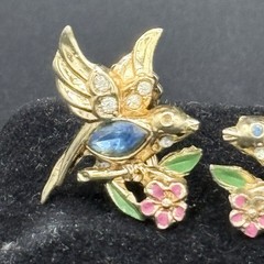 VTG 1940s-1950s Coro Lovebird Clip Earrings – Rhinestone & Enamel Garden Motif