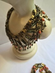 Vintage Egyptian Revival Faience Style Bib Necklace & Bracelet Brass Tone READ