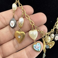 Vtg Charm Heart Floral Necklace Romantic Revival Shabby Chic Goldtone New Clasp