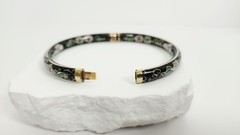 Vintage Chinese Black Cloisonné Enamel Bangle Bracelet Floral Hinged Gilt Brass