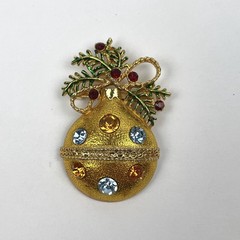 VTG Christmas Ornament Bulb Brooch Gold Tone Rhinestone Holly Holiday Pin