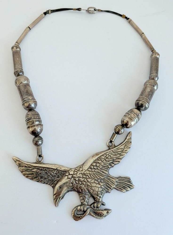 Vintage Heavy Metal Eagle Patriotic Silver Bead Statement Necklace