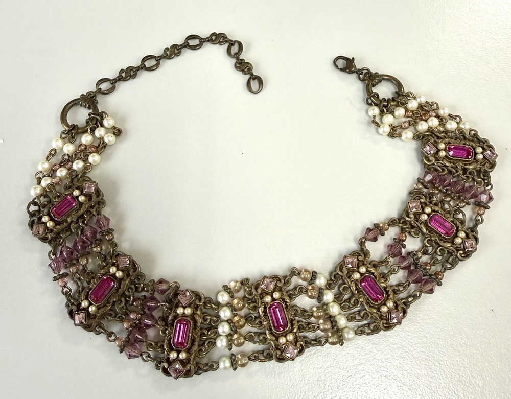 Vintage Pink Rhinestone Faux Pearl Bib Necklace Multi Chain Festoon Brass Tone