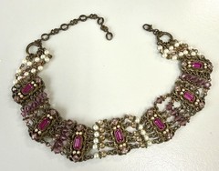 Vintage Pink Rhinestone Faux Pearl Bib Necklace Multi Chain Festoon Brass Tone