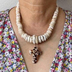 Puka Shell Necklace Vintage 70s w/Hand-Shaped Tiger Cowrie Shell Cross Pendant